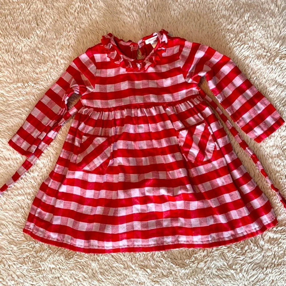 Sweetdil red and white plaid check high collar neck long sleeve dress 4T